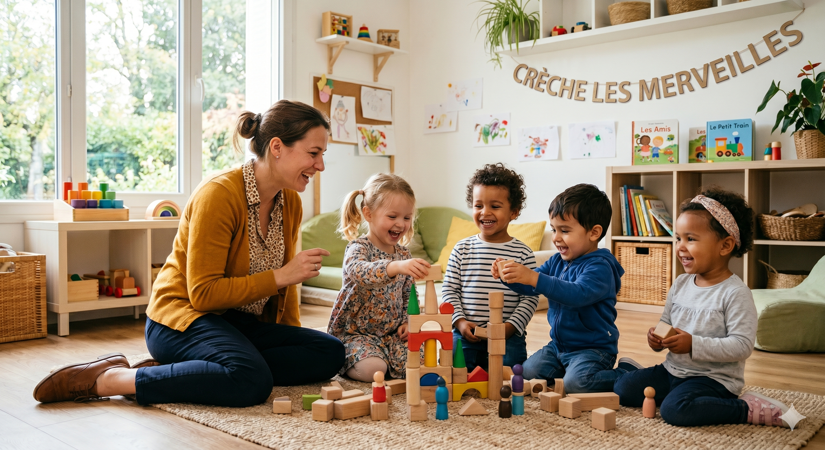 Interaction joyeuse entre une éducatrice et des enfants jouant avec des blocs de bois dans une micro-crèche lumineuse